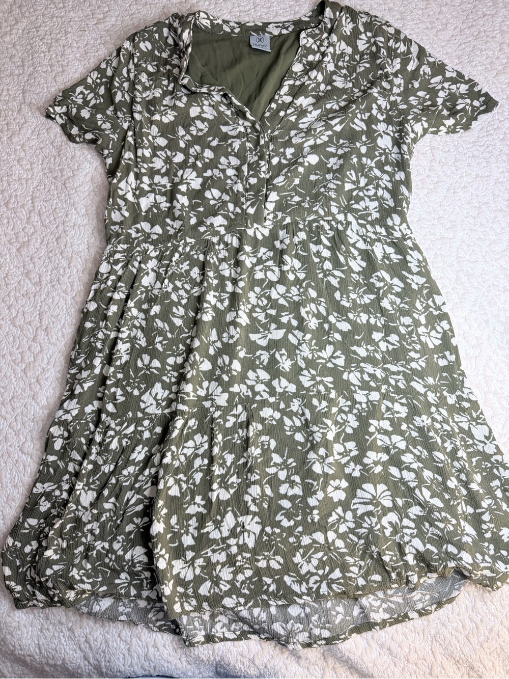 Hurley Olive Green Floral Button-Front Tiered Dress